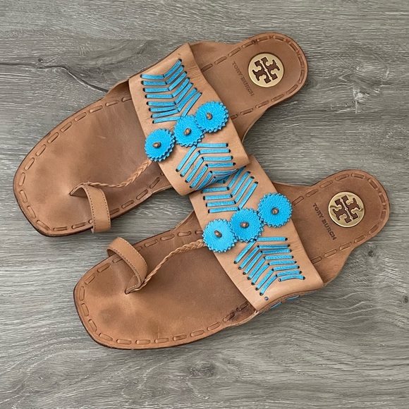 Tory Burch Caylan Toe Ring Sandal - Aqua/Tan - Picture 1 of 5